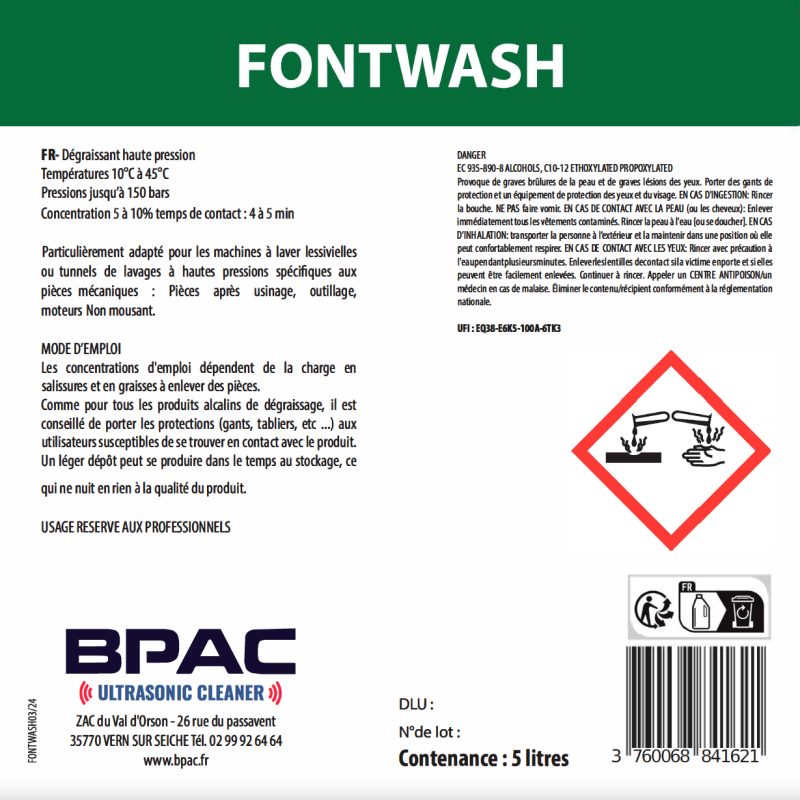 Recommandations, usage du détergent FONTWASH
