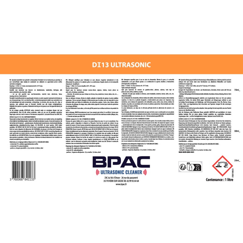 DI13 détergent ultrasons BPAC fabriqué en Bretagne 1L - Consignes - Conseils d'utilisation - Précautions d'emplois