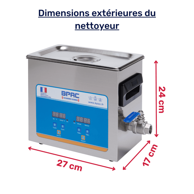 mesures extérieures de la cuve ultrasons BPAC 3L digital + vanne