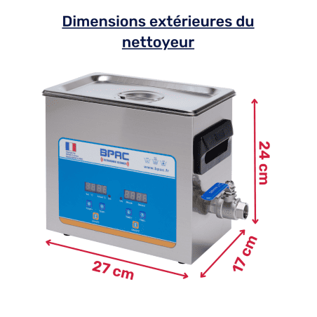 mesures extérieures de la cuve ultrasons BPAC 3L digital + vanne