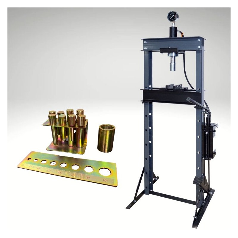 Pack Presse hydraulique 20T pompe d'assistance  et  commande au pied + Poinçons
