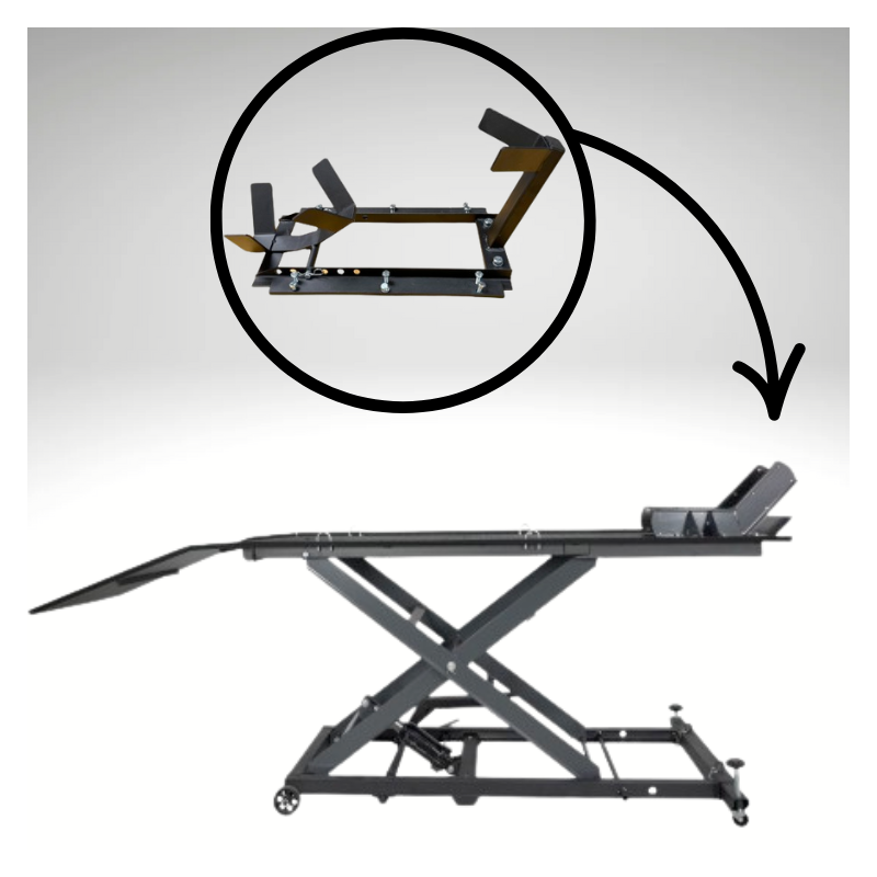 Pack table moto hydraulique 450KG largeur 66cm et son Bloque Roue Moto
