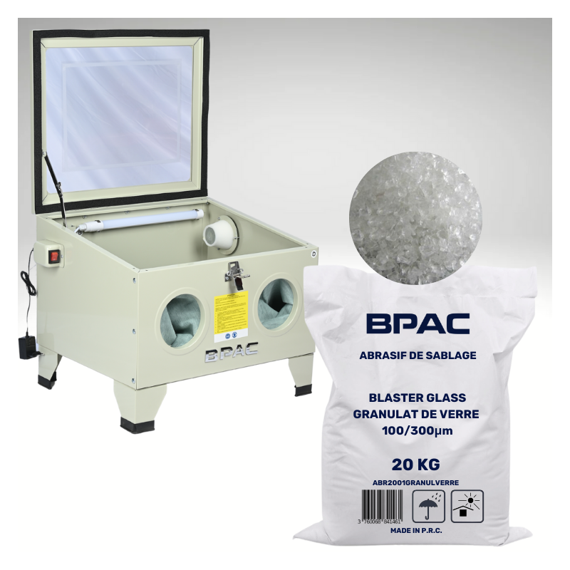 PACK PROMO Cabine de Sablage 90 Litres + granulat de verre 20KG 100-300 microns