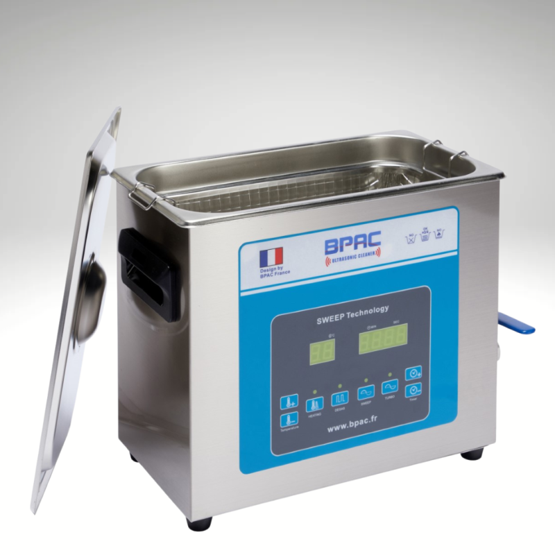 Bac à ultrasons 6L sxeep et degas, vue ouvert, couvercle, panier