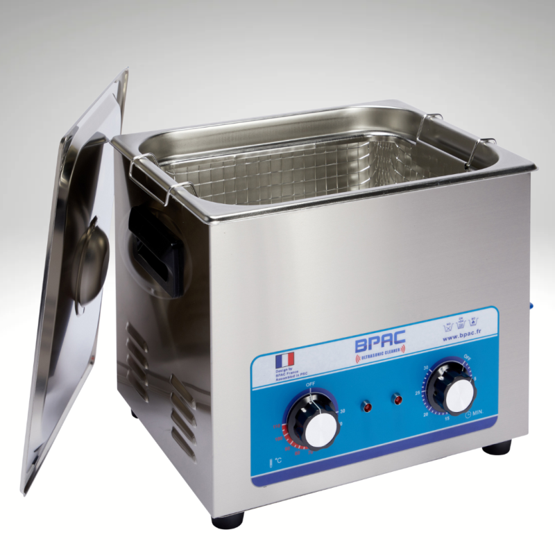 Nettoyeur Ultrasons 10 litres Analogique ouvert, vue panier, vue intérieur cuve