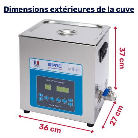 Dimensions extérieure de la cuve ultrasonique 14 litres Dimensions extérieure de la cuve ultrasonique 14 litres