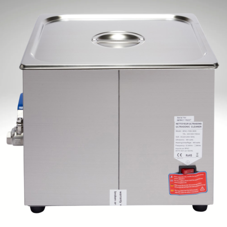 Nettoyeur ultrasons BPAC 15L SWEEP+DEGAS+TURBO avec couvercle, vue de dos, vue bouton on/off Nettoyeur ultrasons BPAC 15L SWEEP+DEGAS+TURBO avec couvercle, vue de dos, vue bouton on/off