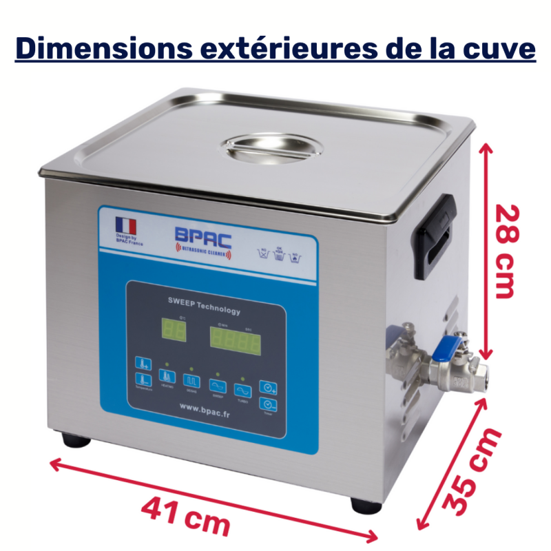 Dimensions extérieures de la cuve à ultrasons 15L sweep, turbo, degas