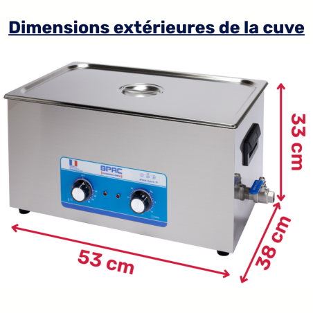 Dimensions extérieures de la cuve à ultrasons BPAC 20L analogique Dimensions extérieures de la cuve à ultrasons BPAC 20L analogique