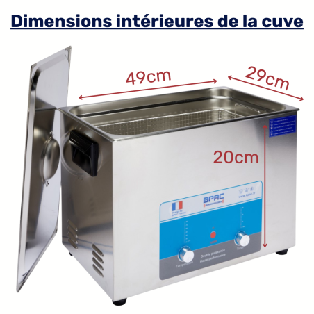 Dimensions intérieures de la cuve ultrasons pro 28 litres double puissance numérique BPAC Dimensions intérieures de la cuve ultrasons pro 28 litres double puissance numérique BPAC
