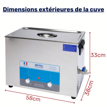 Dimensions extérieures de la cuve ultrasons pro 28 litres double puissance numérique BPAC Dimensions extérieures de la cuve ultrasons pro 28 litres double puissance numérique BPAC