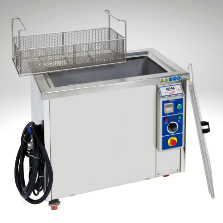 Nettoyeur ultrasons BPAC 58L bi-fréquences et son panier, vue cuve ouverte Nettoyeur ultrasons BPAC 58L bi-fréquences et son panier, vue cuve ouverte