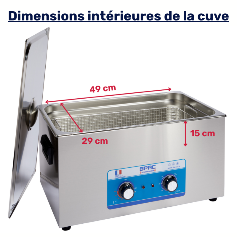 Dimensions intérieures du bac ultrasons BPAC 20L analogique