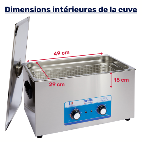 Dimensions intérieures du bac ultrasons BPAC 20L analogique Dimensions intérieures du bac ultrasons BPAC 20L analogique