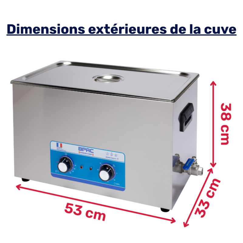 Dimensions extérieures du nettoyeur à ultrasons BPAC 28 litres analogique
