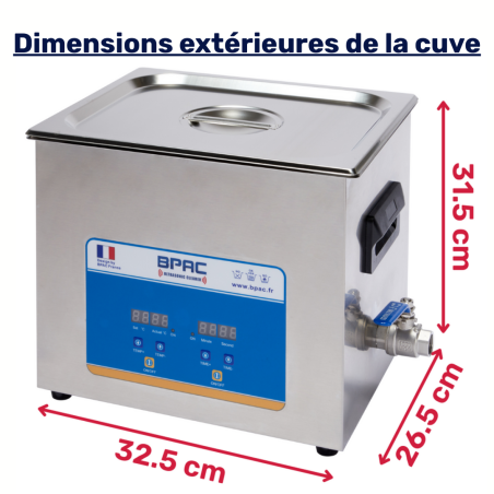 Dimensions extérieures du bain ultrasons BPAC 10 L digital
