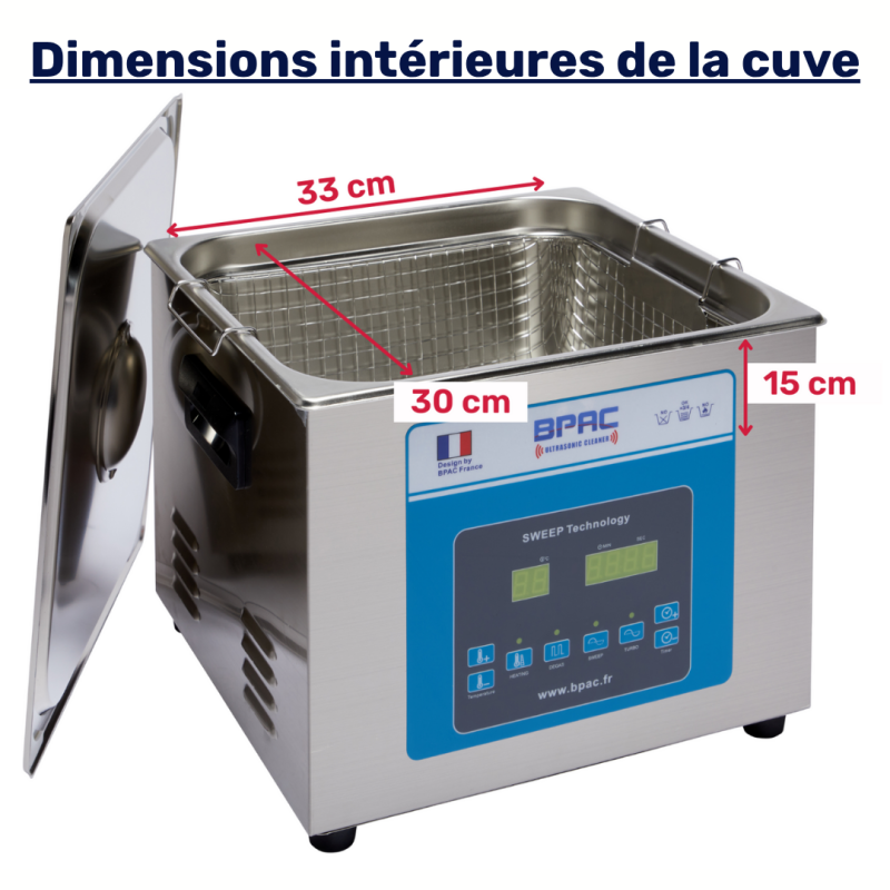 Dimensions intérieures de la cuve à ultrasons 15L