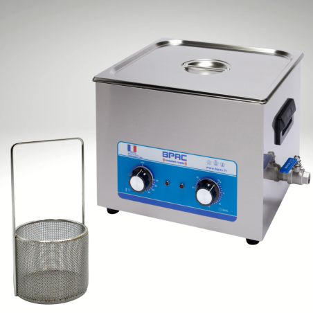 Pack Nettoyeur Ultrasons 15 litres Analogique + panier rond, maille fine 1mm, diamètre 70mm