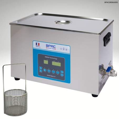 Pack nettoyeur Ultrasons BPAC 28 litres SWEEP+DEGAS inox renforcé 1,7 mm + panier rond, maille fine 1mm, diamètre 70mm
