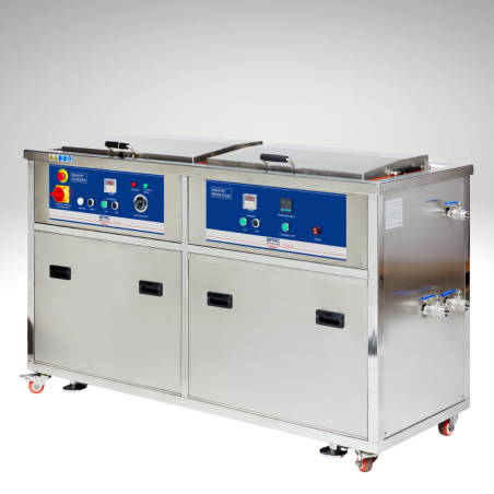 Vue de profil, cuves fermées, du nettoyeur ultrasonic industriel BPAC 104 litres avec sécheur intégré - (2 Cuves) Vue de profil, cuves fermées, du nettoyeur ultrasonic industriel BPAC 104 litres avec sécheur intégré - (2 Cuves)