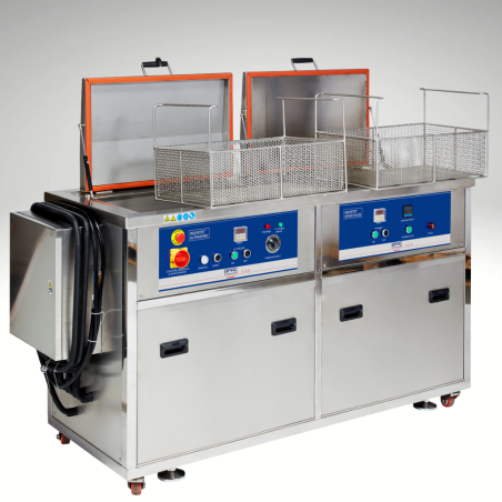 Vue de profil, cuves ouvertes, paniers, du nettoyeur ultrasonic industriel BPAC 104 litres avec sécheur intégré - (2 Cuves) Vue de profil, cuves ouvertes, paniers, du nettoyeur ultrasonic industriel BPAC 104 litres avec sécheur intégré - (2 Cuves)
