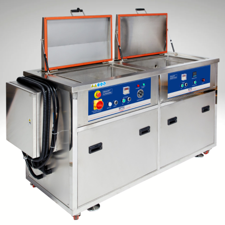 Vue de profile cuves ouvertes, du nettoyeur ultrasonic industriel BPAC 104 litres avec sécheur intégré - (2 Cuves) Vue de profile cuves ouvertes, du nettoyeur ultrasonic industriel BPAC 104 litres avec sécheur intégré - (2 Cuves)