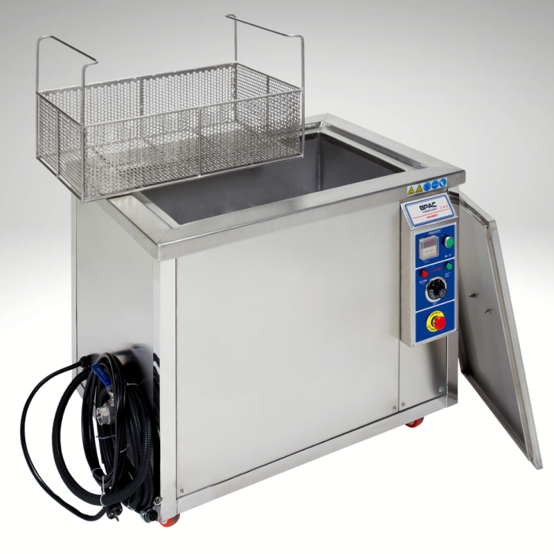 Nettoyeur ultrasons industriel BPAC 206  litres, 750x550x500mm, 28 kHz, vue de profil cue ouverte, avec panier