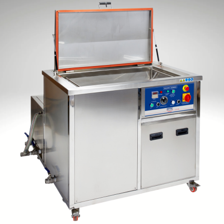 Vue de profil, cuve ouverte, nettoyeur ultrasons industriel BPAC 225 litres