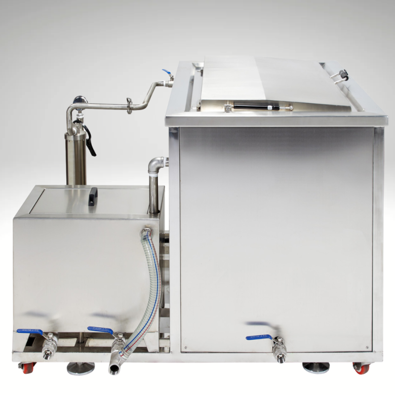 Nettoyeur Ultrasons INDUSTRIEL 310 L,750x600x700mm, Filtration + Skimming vue de profil, vanne de vidange
