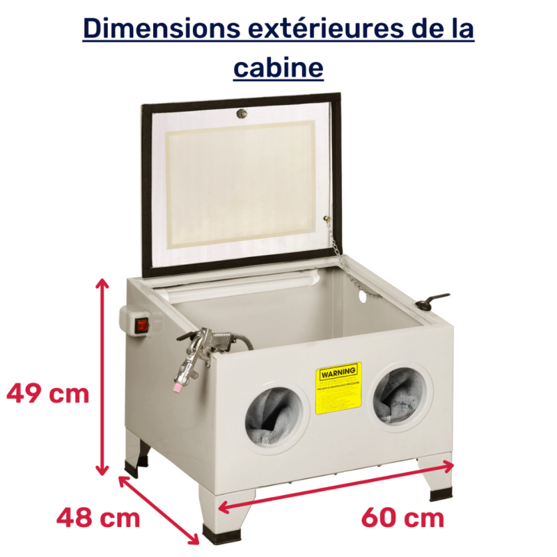 Dimensions extérieures de la cabine de sablage 90 litres