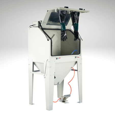 Vue de profil, cabine de sablage 350L ouverte Vue de profil, cabine de sablage 350L ouverte