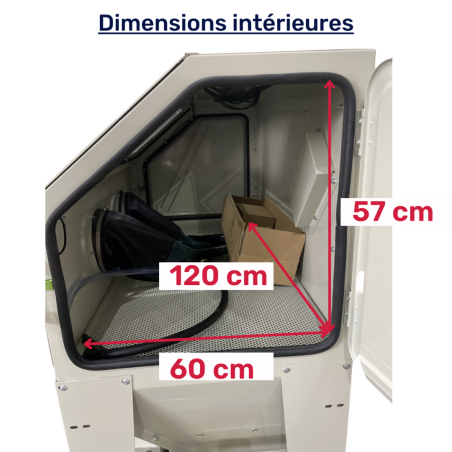 cabine de sablage professionnelle 420L vue de profile - ouverture porte latérale - Dimensions intérieures cabine de sablage professionnelle 420L vue de profile - ouverture porte latérale - Dimensions intérieures