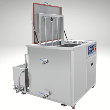 Vue de profil, cuve ouverte, Nettoyeur Ultrasons Industrie BPAC 360 litres 28kHz avec Skimming et Lift