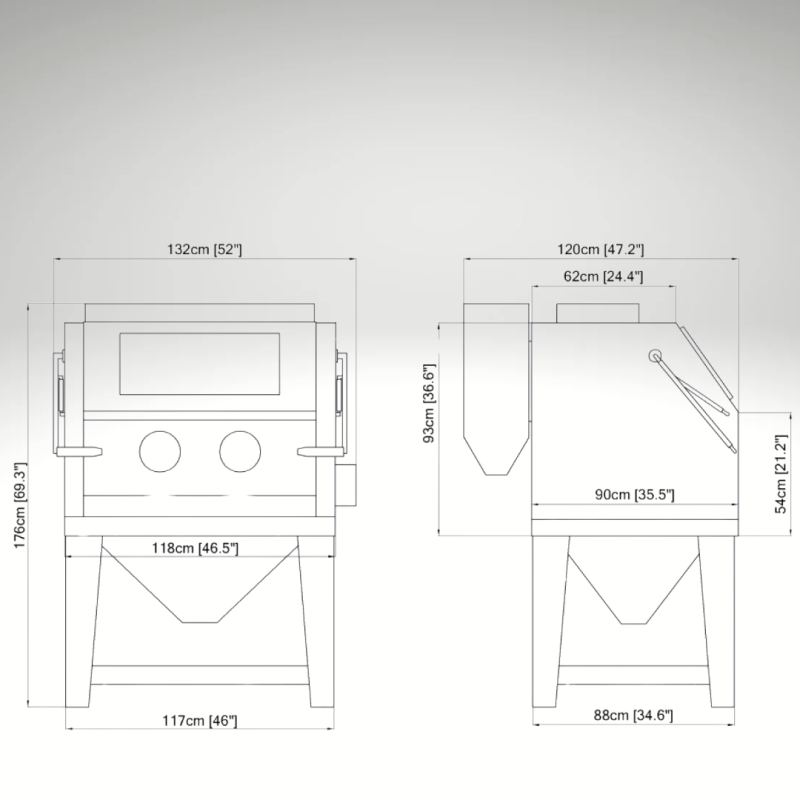 Plans de la cabine de sablage 1200 litre : plan de face et de côté