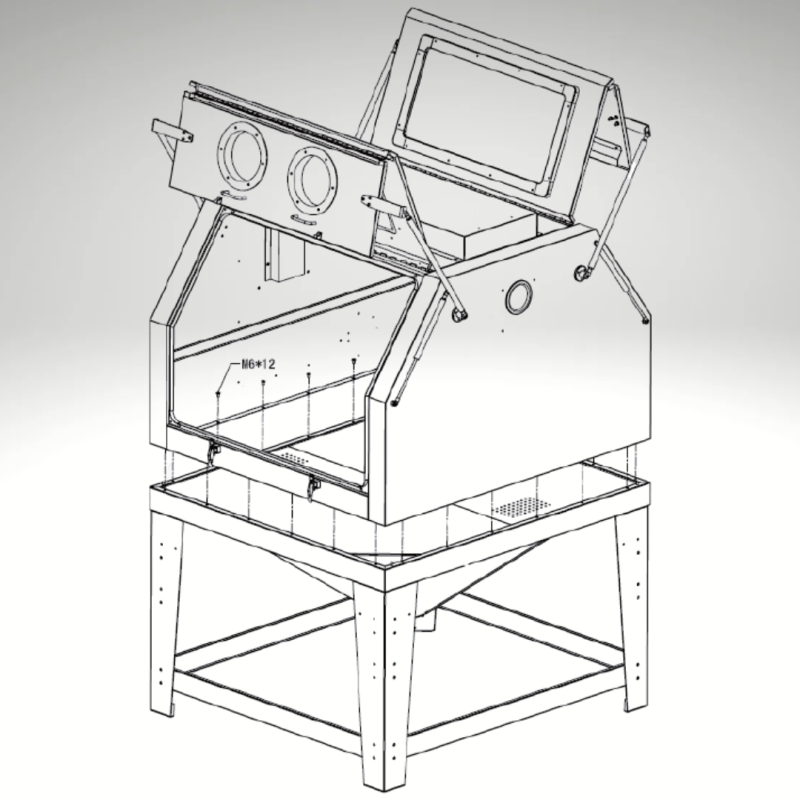 Plans cabine de sablage 1200L et son dépoussiéreur, vue de côté, portes ouvertes