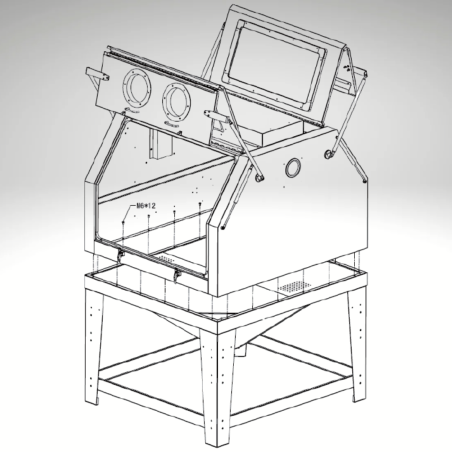 Plans cabine de sablage 1200L et son dépoussiéreur, vue de côté, portes ouvertes Plans cabine de sablage 1200L et son dépoussiéreur, vue de côté, portes ouvertes