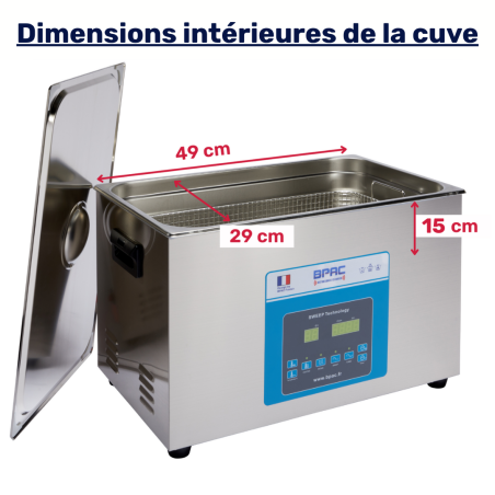Dimensions intérieures de la cuve Ultrasons BPAC 20 litres SWEEP+DEGAS