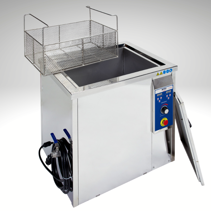 Vu de profil, ouvert, vanne de vidange, nettoyeur Ultrasons INDUSTRIEL BPAC 77 litres, 550x400x350mm 40 kHz