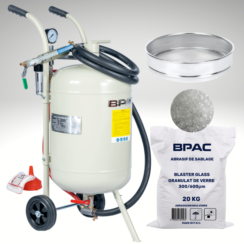 PACK PROMO Sableuse Mobile 40L + Granulat de verre 20 KG 300-600 microns + Tamis