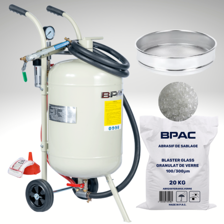 PACK PROMO Sableuse Mobile 40L + Granulat de verre 20 Kg 100-300 Microns + Tamis