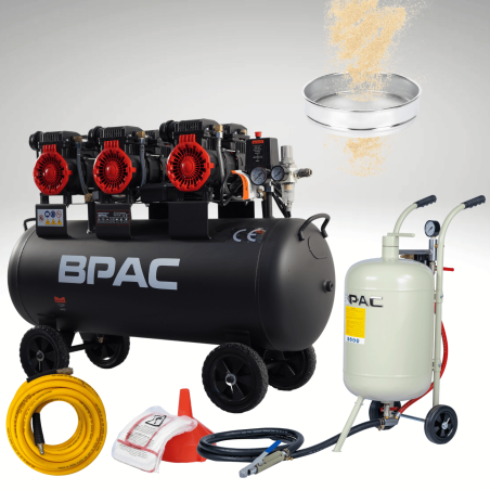 PACK Sableuse Mobile 40L + compresseur 100L silencieux + tamis 600 + tuyau air 10 m