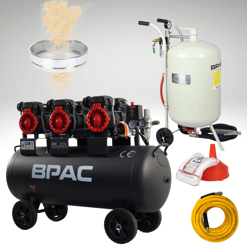 PACK Sableuse Mobile 75L + compresseur 100L silencieux + tamis 600 + tuyau air 10 m