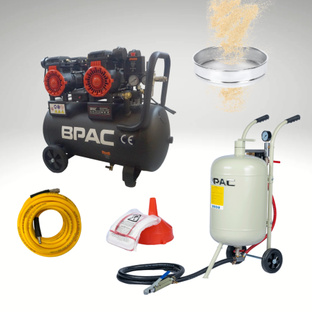 PACK Sableuse Mobile 40L + compresseur 50L silencieux + tamis 600 + tuyau air 10 m