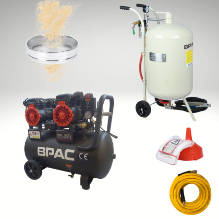 PACK Sableuse Mobile 75L + compresseur 50L silencieux + tamis 600 + tuyau air 10 m