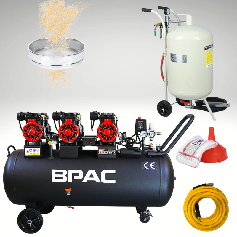PACK Sableuse Mobile 75L + compresseur 150L silencieux + tamis 600 + tuyau air 10 m