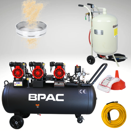 PACK Sableuse Mobile 75L + compresseur 150L silencieux + tamis 600 + tuyau air 10 m