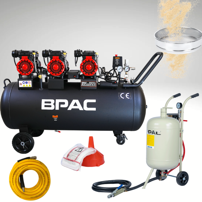 PACK Sableuse Mobile 40L + compresseur 150L silencieux + tamis 600 + tuyau air 10 m