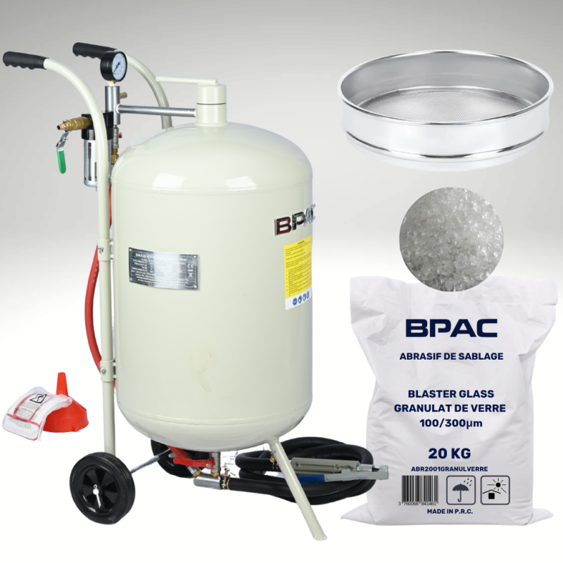 PACK PROMO Sableuse Mobile 75L + Granulat de verre 20 KG , 100-300 microns+Tamis