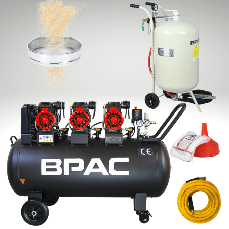 PACK Sableuse Mobile 75L + Compresseur 200L silencieux+ tamis 600 um + tuyau 10m